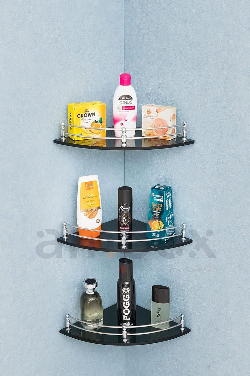 Ampex AMPEX Premium Black Glass Round Shape Corner Shelf for Bathroom and Kitchen AccesoriesWall ShelfStorage ShelfShelvesWall Mount Stand for Home Decore 9x9 Inches Glossey Black Round Pack of 3 - Image 1
