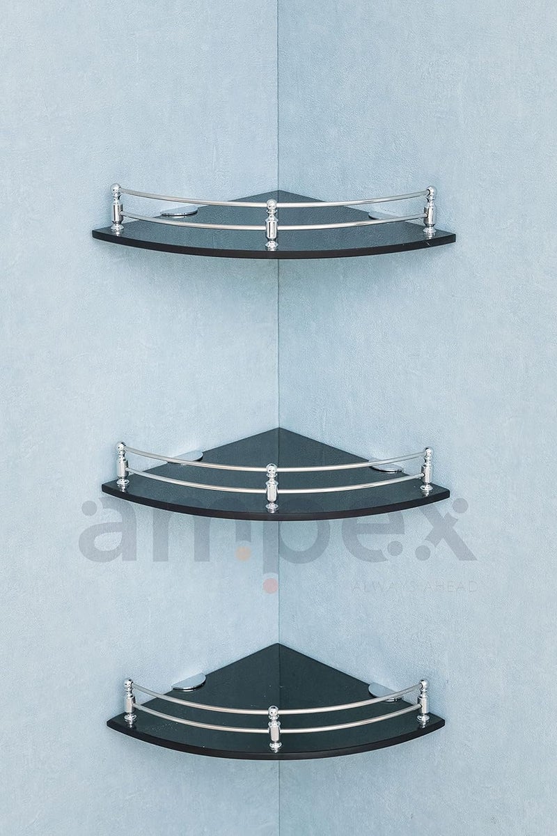 Ampex AMPEX Premium Black Glass Round Shape Corner Shelf for Bathroom and Kitchen AccesoriesWall ShelfStorage ShelfShelvesWall Mount Stand for Home Decore 9x9 Inches Glossey Black Round Pack of 3 - Image 3