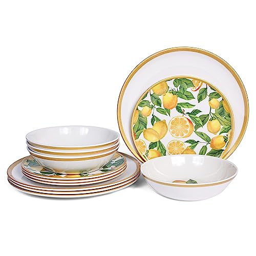 Lechoo Melamine Dinnerware Sets- 12pcs Melamine Plates and Bowls Set for 4,Indoor and Outdoor Dinnerware, Lemon dinnerware set - Image 1