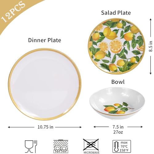 Lechoo Melamine Dinnerware Sets- 12pcs Melamine Plates and Bowls Set for 4,Indoor and Outdoor Dinnerware, Lemon dinnerware set - Image 3