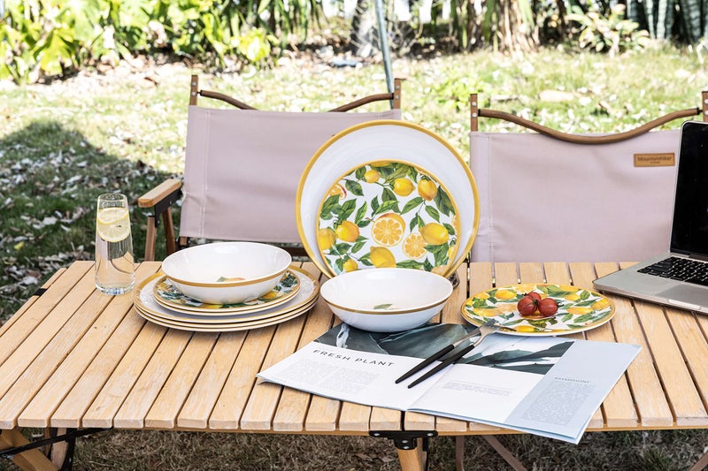 Lechoo Melamine Dinnerware Sets- 12pcs Melamine Plates and Bowls Set for 4,Indoor and Outdoor Dinnerware, Lemon dinnerware set - Image 5