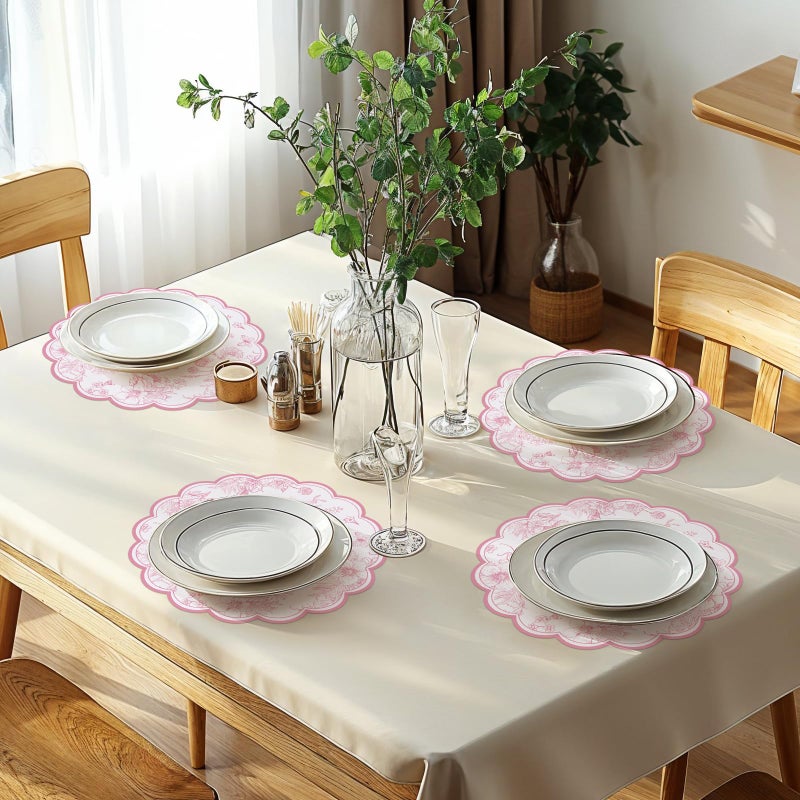 NatNarr 60 Pcs Pink Floral Paper Placemats, 13.5 Inch Disposable Scalloped Table Mats Wedding Placemats, Vintage Floral Banquet Place Mats for Table Setting Mother's Day Anniversay Wedding Bridal Tea Party - Image 5