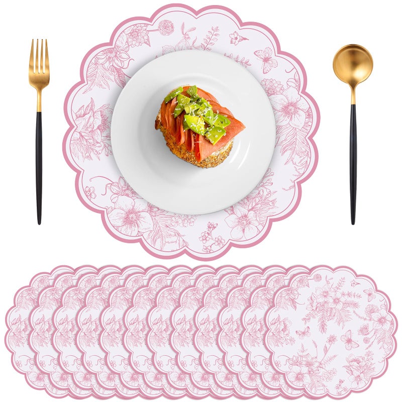 NatNarr 60 Pcs Pink Floral Paper Placemats, 13.5 Inch Disposable Scalloped Table Mats Wedding Placemats, Vintage Floral Banquet Place Mats for Table Setting Mother's Day Anniversay Wedding Bridal Tea Party - Image 1