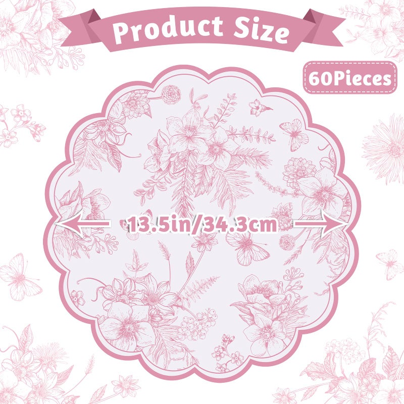 NatNarr 60 Pcs Pink Floral Paper Placemats, 13.5 Inch Disposable Scalloped Table Mats Wedding Placemats, Vintage Floral Banquet Place Mats for Table Setting Mother's Day Anniversay Wedding Bridal Tea Party - Image 2