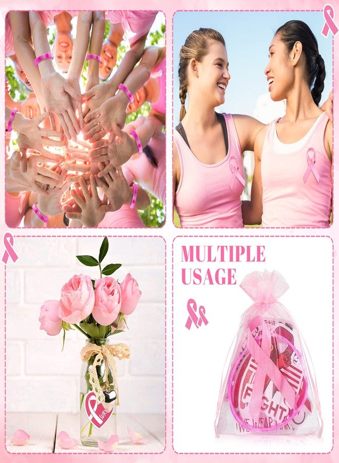 Kenning 125 Pcs Breast Cancer Awareness Accessories, Include 25 Breast Cancer Awareness Bracelets 25 Pink Ribbon Pins 50 Breast Cancer Stickers 25 Pink Organza Bags for Breast Cancer Awareness Day Decoration - Image 2