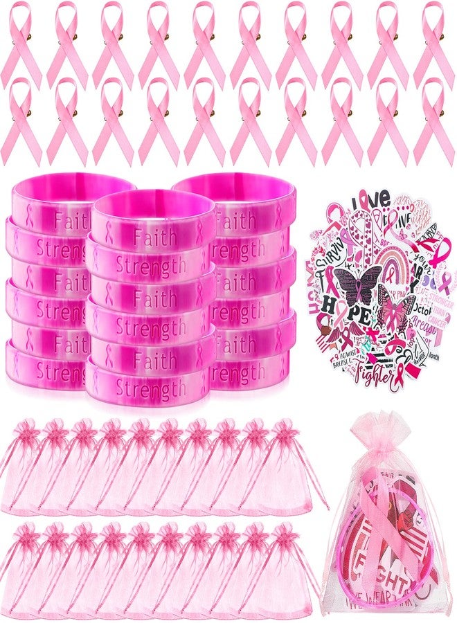 Kenning 125 Pcs Breast Cancer Awareness Accessories, Include 25 Breast Cancer Awareness Bracelets 25 Pink Ribbon Pins 50 Breast Cancer Stickers 25 Pink Organza Bags for Breast Cancer Awareness Day Decoration - Image 1