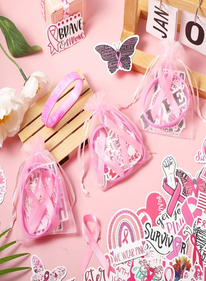 Kenning 125 Pcs Breast Cancer Awareness Accessories, Include 25 Breast Cancer Awareness Bracelets 25 Pink Ribbon Pins 50 Breast Cancer Stickers 25 Pink Organza Bags for Breast Cancer Awareness Day Decoration - Image 4
