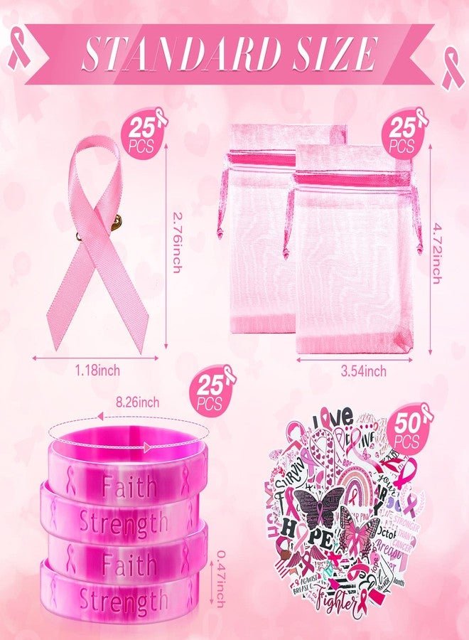 Kenning 125 Pcs Breast Cancer Awareness Accessories, Include 25 Breast Cancer Awareness Bracelets 25 Pink Ribbon Pins 50 Breast Cancer Stickers 25 Pink Organza Bags for Breast Cancer Awareness Day Decoration - Image 3