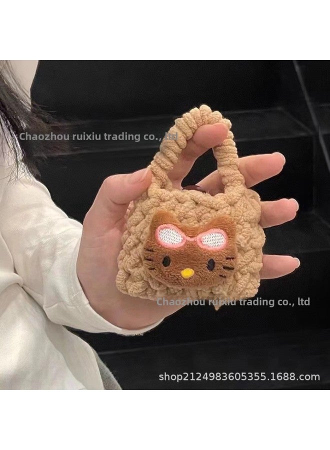 Pink Cute Cyber Red Bear Lion Wake Flower Plush Hand-woven Drop-resistant Headphone Bag Bluetooth Headphone Protective Cover Finished Product-Color:KT Cat Head Earphone Bag Khaki  - Image 1