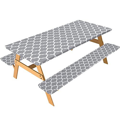 BBTO 3 Pieces Vinyl Picnic Table and Bench Fitted Tablecloth Cover 72 x 30 Waterproof Elastic Table Cover Flannel - Image 1