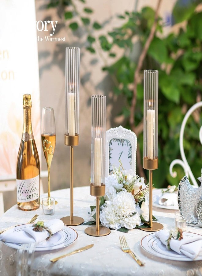 Hewory Gold Hurricane Candle Holders: Brass Candlestick Holders Set of 3 Tall Taper Candle Holders for Candlesticks Candle Sticks Holder Decor for Table Centerpiece Wedding Party Christmas Decorations - Image 3