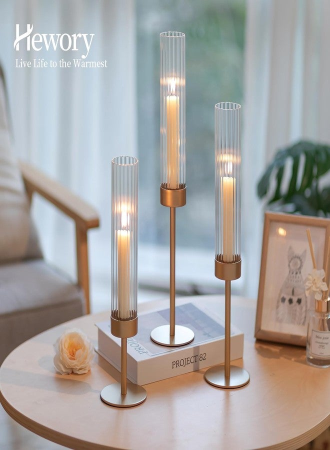 Hewory Gold Hurricane Candle Holders: Brass Candlestick Holders Set of 3 Tall Taper Candle Holders for Candlesticks Candle Sticks Holder Decor for Table Centerpiece Wedding Party Christmas Decorations - Image 2
