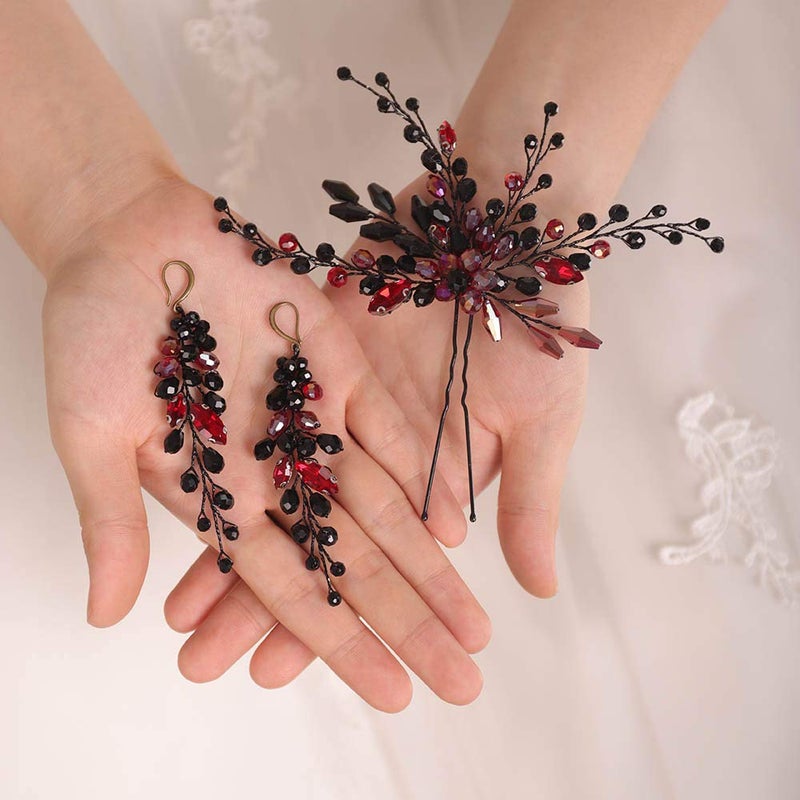 Bridal Hair Pins Earring Set Baroque Black Red Rhinestone Wedding Hair Accessories for Bride