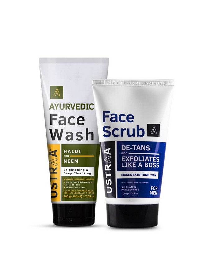 Ustraa Ayurvedic Face Wash Neem & Haldi 200G Helps Heal Skin Skin Brightening & Deep Cleansing & Detan Face Scrub For Men 100G Exfoliation & Effective Tan Removal No Sulphates - Image 1