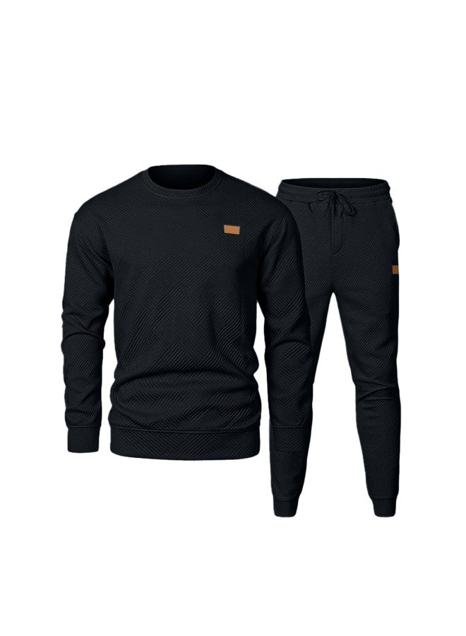 SPRING Autumn Men's Hoodie Sport Casual Solid Color Round Neck Jacquard Knit Sweater Two-piece Set Long Sleeve Long Pants - Image 1