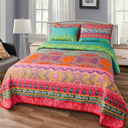 YASMENG Colorful Bohemian Quilt Set Queen Size Boho Red Green Exotic Printed Bedspread Set 3 Pieces Vibrant Vintage Ethnic Striped Microfiber Bed Coverlet for All Seasons - Image 3