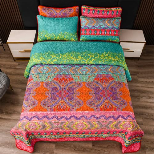 YASMENG Colorful Bohemian Quilt Set Queen Size Boho Red Green Exotic Printed Bedspread Set 3 Pieces Vibrant Vintage Ethnic Striped Microfiber Bed Coverlet for All Seasons - Image 4