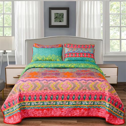YASMENG Colorful Bohemian Quilt Set Queen Size Boho Red Green Exotic Printed Bedspread Set 3 Pieces Vibrant Vintage Ethnic Striped Microfiber Bed Coverlet for All Seasons - Image 2