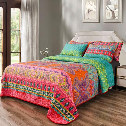 YASMENG Colorful Bohemian Quilt Set Queen Size Boho Red Green Exotic Printed Bedspread Set 3 Pieces Vibrant Vintage Ethnic Striped Microfiber Bed Coverlet for All Seasons - Image 1
