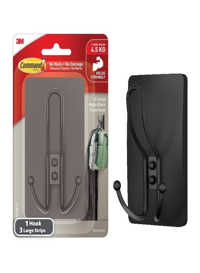Command 3M Command X-Large Matte Black Triple Hook | Heavy-Duty Wall Hook | Damage-Free Hanging for Coats, Bags & Accessories | Holds up to 4.5 kg - Image 1
