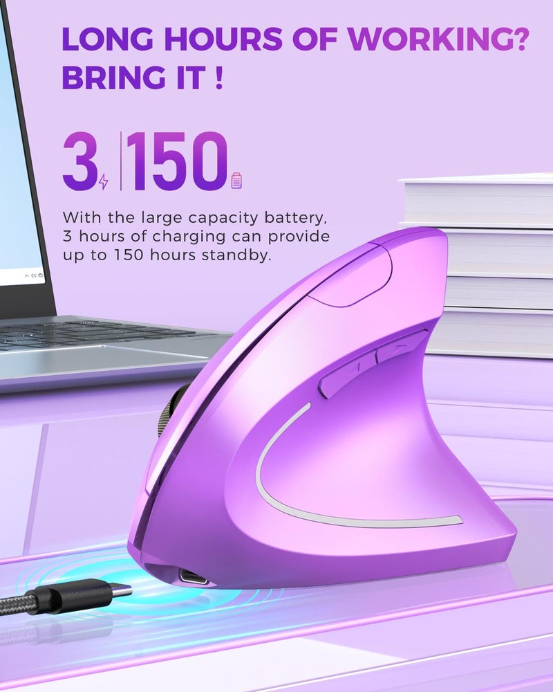 Lekvey Ergonomic Mouse, Wireless Vertical Mouse Rechargeable 2.4 GHz Optical Carpal Tunnel Mice : 800/1200 / 1600 DPI, 6 Buttons, for Laptop, PC, Mac, Computer, Desktop, Notebook etc, Purple - Image 4
