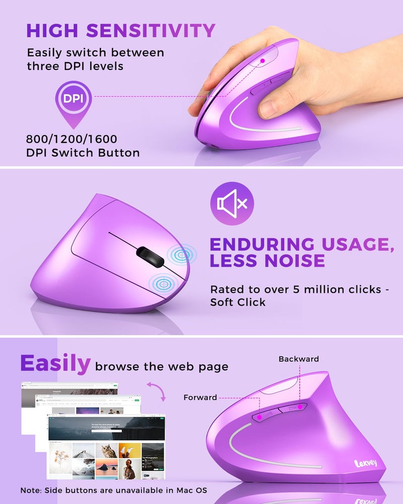 Lekvey Ergonomic Mouse, Wireless Vertical Mouse Rechargeable 2.4 GHz Optical Carpal Tunnel Mice : 800/1200 / 1600 DPI, 6 Buttons, for Laptop, PC, Mac, Computer, Desktop, Notebook etc, Purple - Image 5