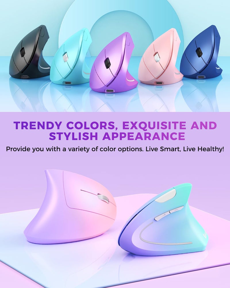 Lekvey Ergonomic Mouse, Wireless Vertical Mouse Rechargeable 2.4 GHz Optical Carpal Tunnel Mice : 800/1200 / 1600 DPI, 6 Buttons, for Laptop, PC, Mac, Computer, Desktop, Notebook etc, Purple - Image 2