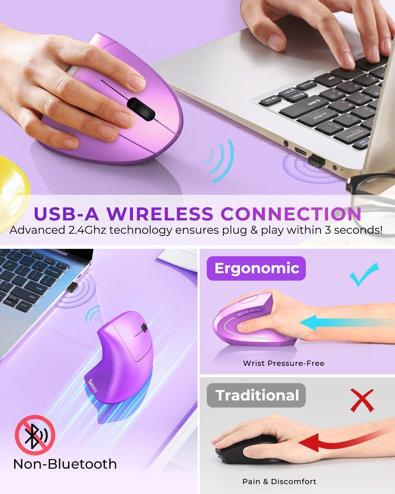Lekvey Ergonomic Mouse, Wireless Vertical Mouse Rechargeable 2.4 GHz Optical Carpal Tunnel Mice : 800/1200 / 1600 DPI, 6 Buttons, for Laptop, PC, Mac, Computer, Desktop, Notebook etc, Purple - Image 3