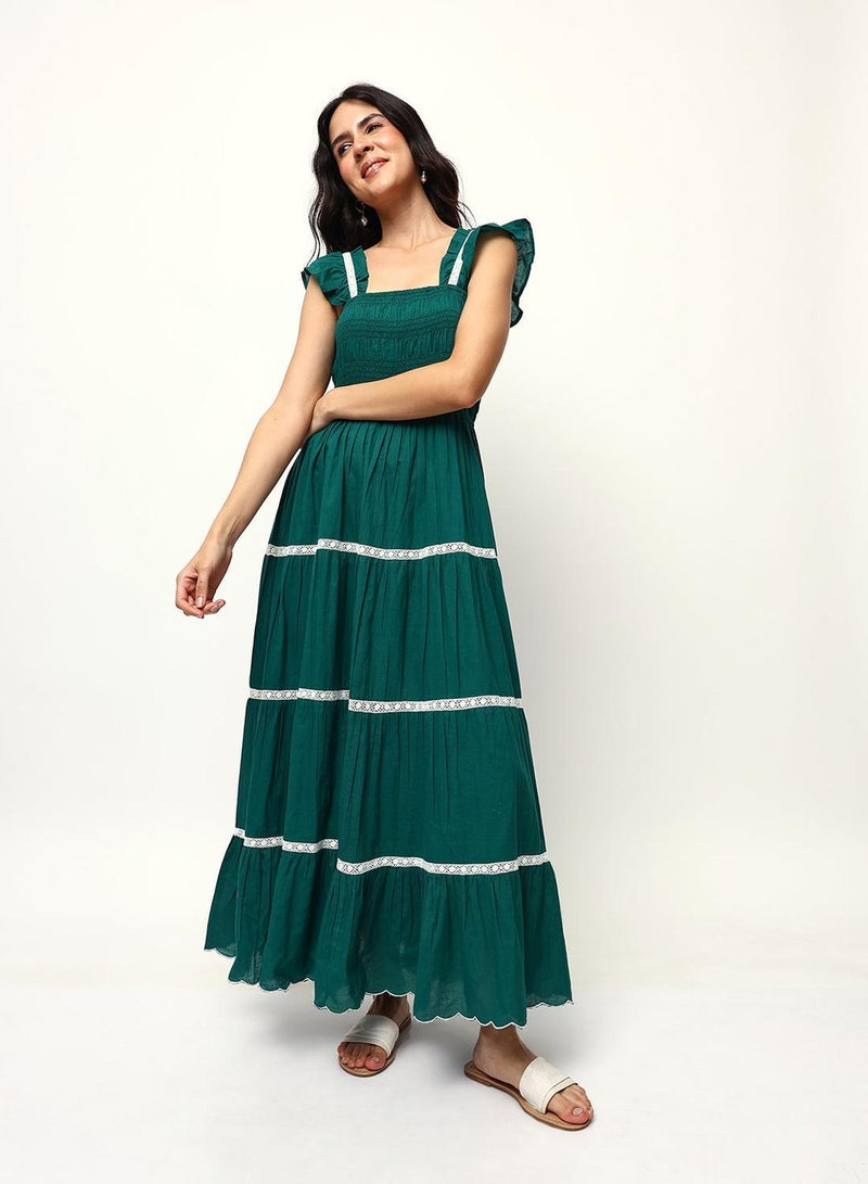 ISHIN Green 100% Cotton Solid Print Maxi A-Line Flared Dress For Women - Image 3