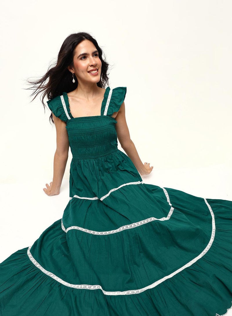 ISHIN Green 100% Cotton Solid Print Maxi A-Line Flared Dress For Women - Image 1