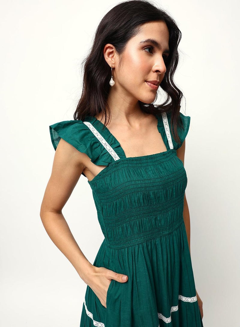 ISHIN Green 100% Cotton Solid Print Maxi A-Line Flared Dress For Women - Image 2