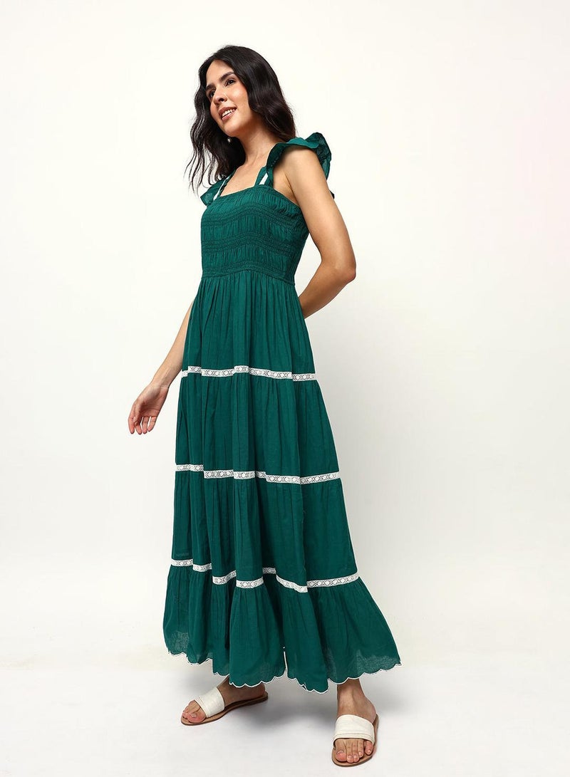 ISHIN Green 100% Cotton Solid Print Maxi A-Line Flared Dress For Women - Image 4
