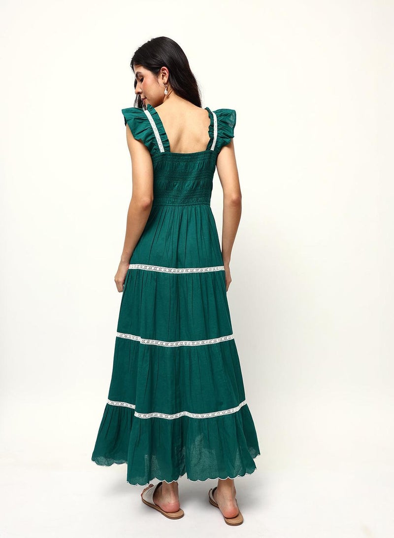 ISHIN Green 100% Cotton Solid Print Maxi A-Line Flared Dress For Women - Image 5