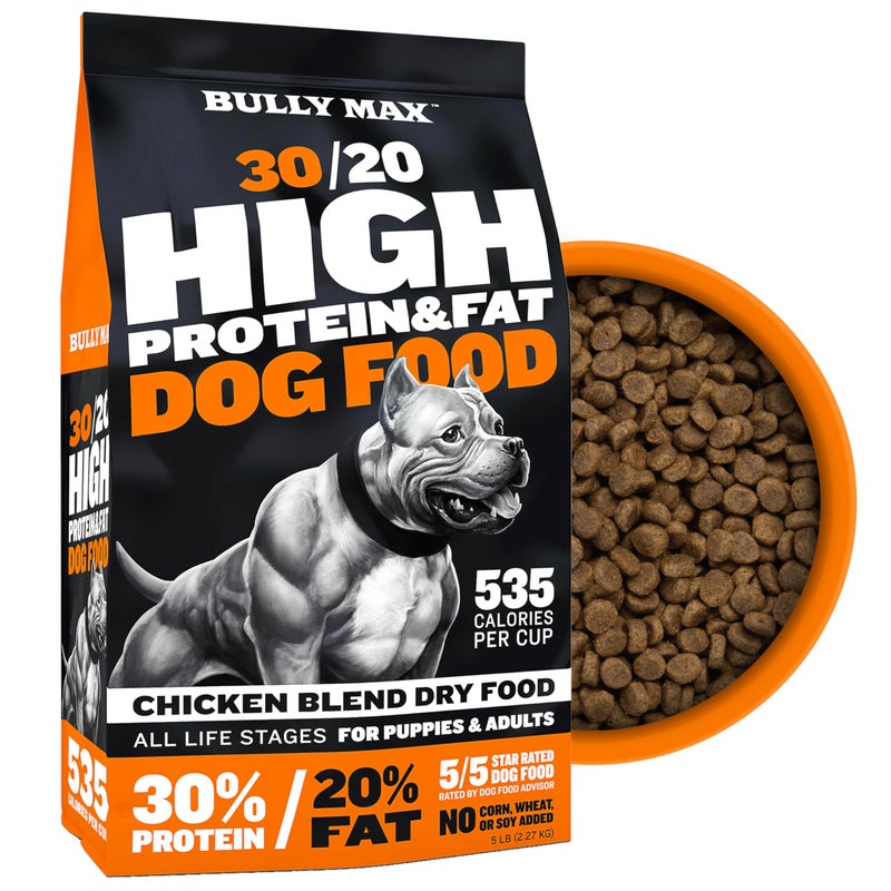 Bully Max Dry Dog Food for Adults & Puppies - High Protein & Fat for Muscle & Weight Gain - High Performance Dog Food Supplements - Small & Large Breed Dogs (535 Calories Per Cup), Chicken, 5lb Bag - Image 1