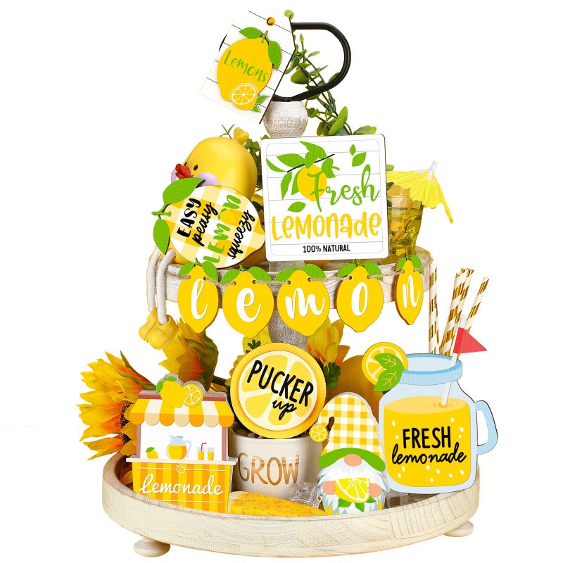 Yalikop 11 Pieces Lemon Tiered Tray Decor Set Gnome Fresh Lemonade Wooden Sign Yellow Lemon Wood Blocks Standing Sign Summer Tray Decor for Home Summer Kitchen Table DecorationLemon Style