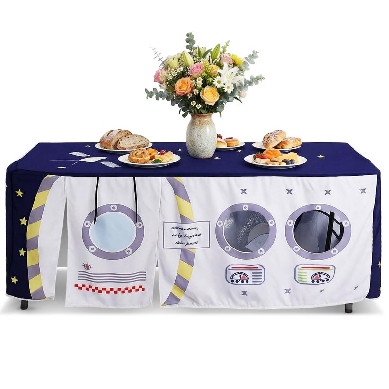 Oudain 10ft x 7.5ft Large Playhouse Table Cloth Table Fort Tent Cover Playhouse Indoor Outdoor Tablecloth for Birthday Party Playground Play Accessory(Blue Colors,Space Station Style) - Image 1