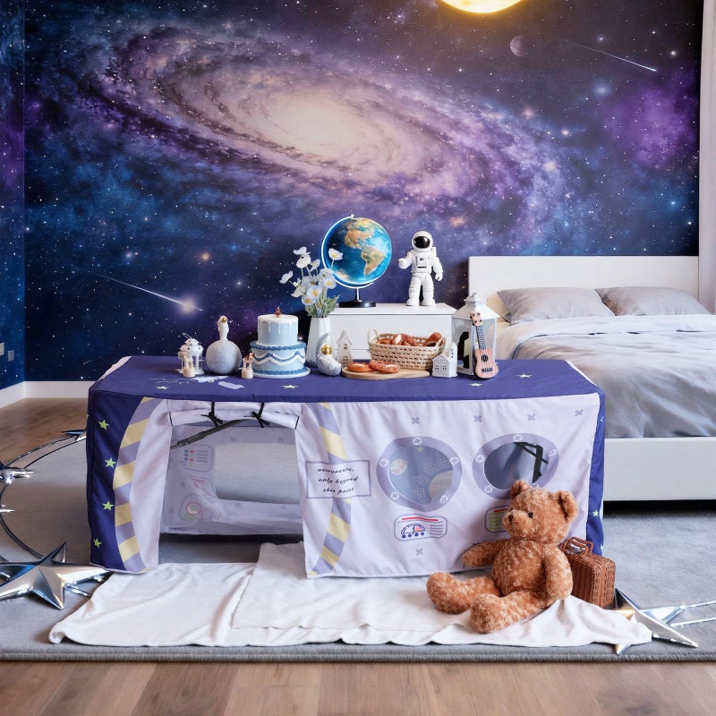 Oudain 10ft x 7.5ft Large Playhouse Table Cloth Table Fort Tent Cover Playhouse Indoor Outdoor Tablecloth for Birthday Party Playground Play Accessory(Blue Colors,Space Station Style) - Image 5