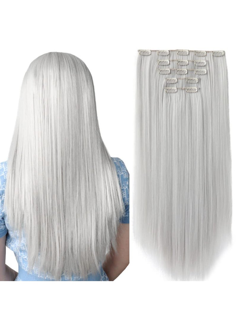 HSPJHTM - HSPJHTM White Hair Extension Clip in Hair Extensions for Women Halloween 5 Pieces 22 Synthetic Long Straight Silver Thick Hair Pieces for Women Cheap Grey Silver Full Head - Image 1