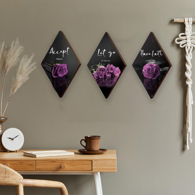 ZINYAZHE 3 Pcs Purple Wall Decor Inspirational Rose Bathroom Decor Wooden Purple Wall Art Office Wall Decor with Accept Let Go Have Faith Sign for Girl Women Living Room Bedroom(12 x 7 Inch) - Image 2