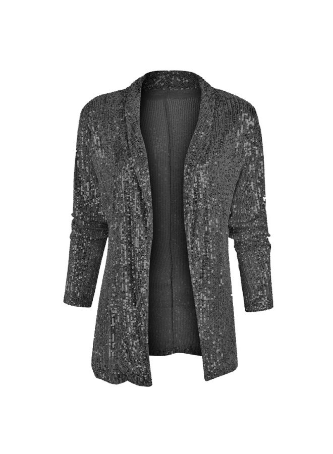 Spring New European And American Sequined Long-sleeved Elegant Mid-length Small Suit Lapel Color Jacket