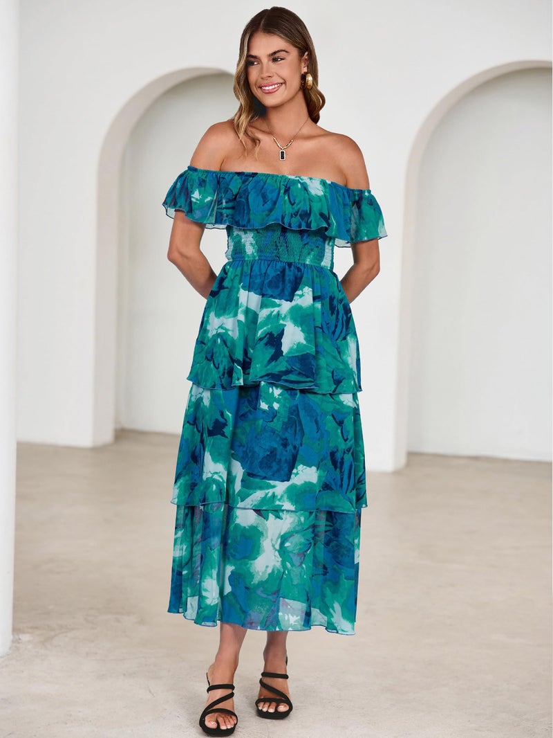 Simplee Womens Floral Wedding Guest Dress Spring Summer 2026 Chiffon Boho Off Shoulder Smocked Tiered Flowy Maxi Dresses(Lake Blue L) - Image 3