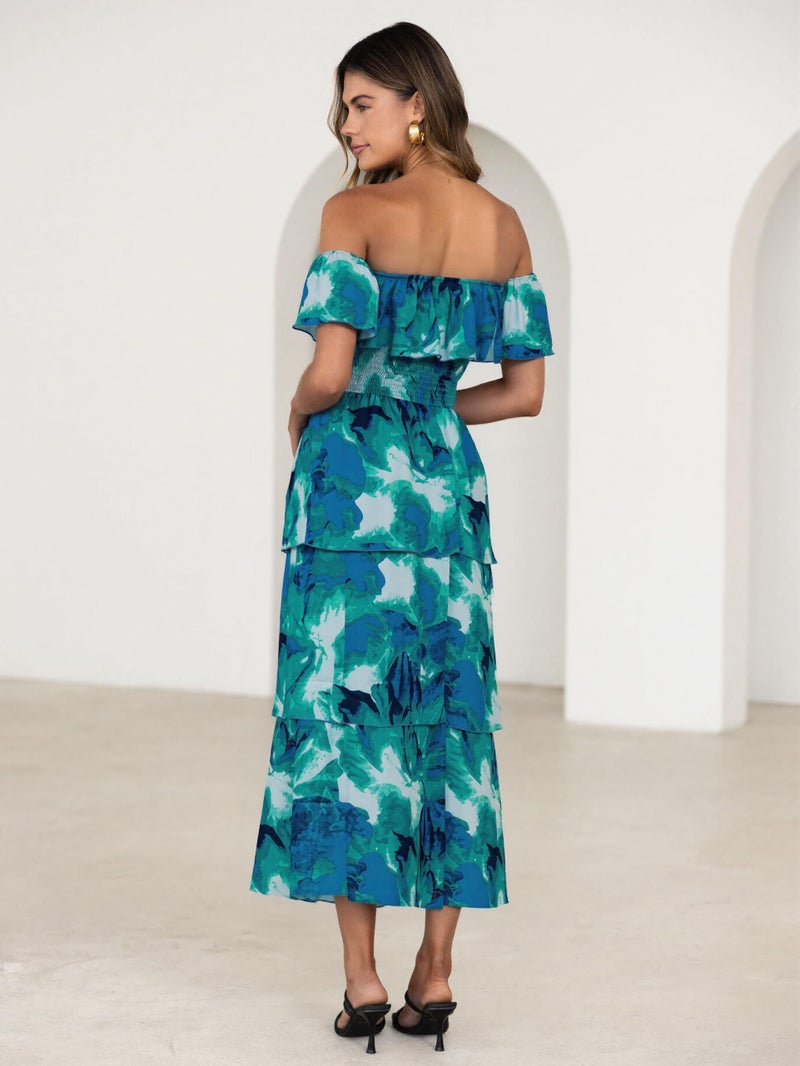 Simplee Womens Floral Wedding Guest Dress Spring Summer 2026 Chiffon Boho Off Shoulder Smocked Tiered Flowy Maxi Dresses(Lake Blue L) - Image 4
