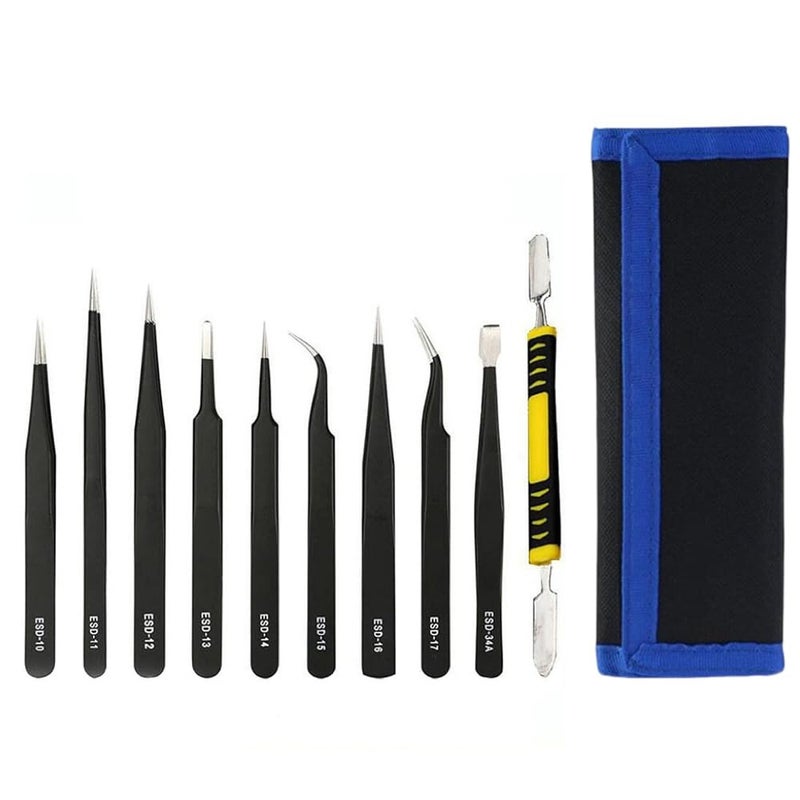 10 Pcs Antistatic Multifunctional Tweezer Set Antistatic Stainless Steel Anti-magnetic Tweezer Set with Storage Pouch For PCB Repairing Watch Fixing and Jewelry Making