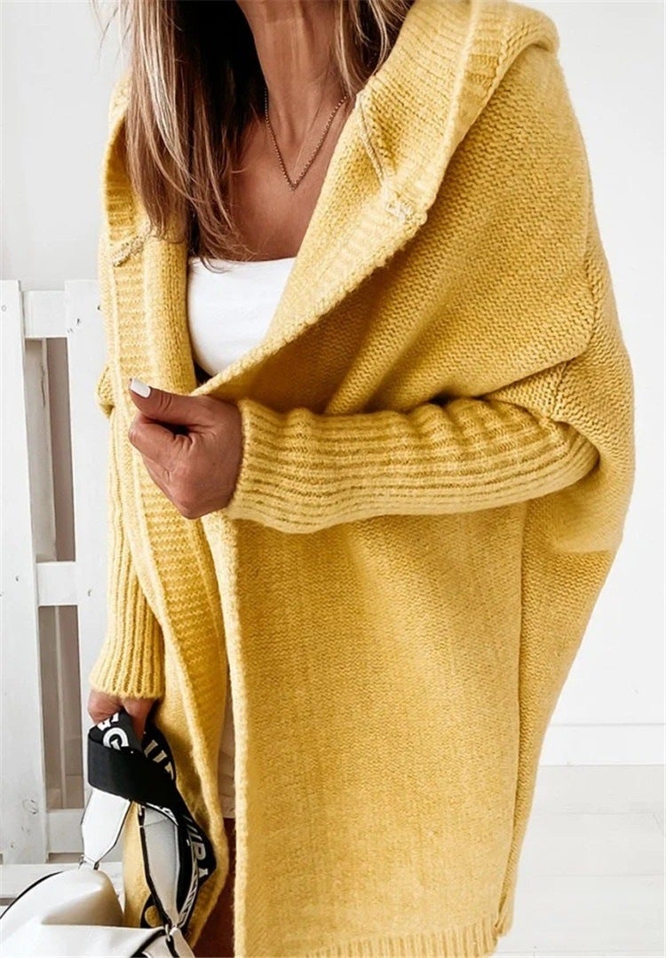 2024 New Knit Hoodie Soft Batwing Loose Sweater Yellow 