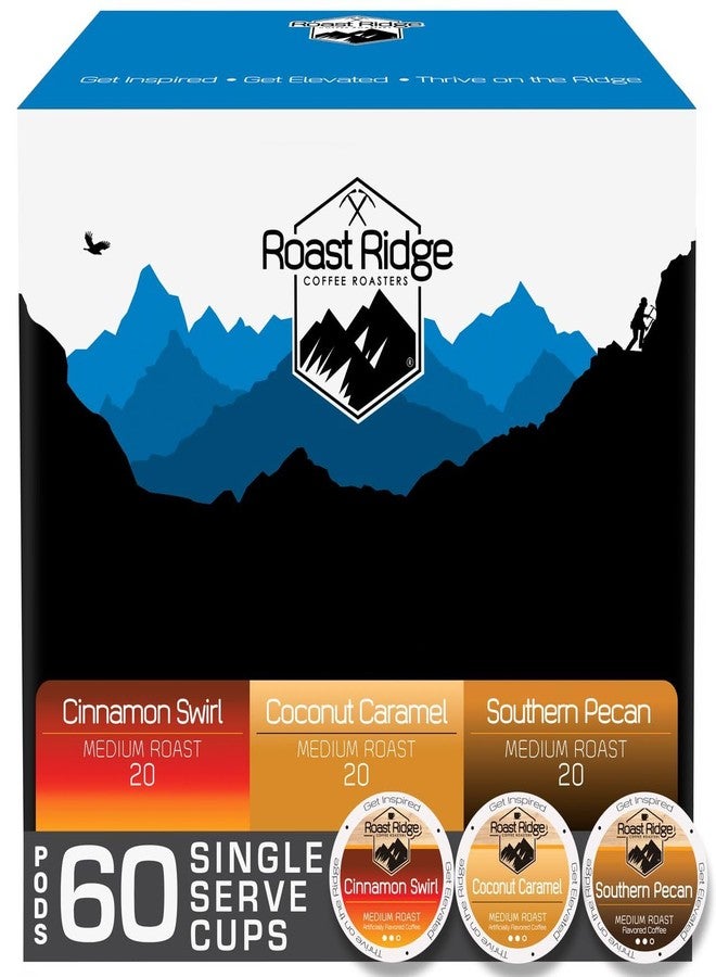 Roast Ridge كبسولات قهوة روست ريدج للاستخدام الفردي لماكينات تحضير القهوة K-Cup، عبوة متنوعة بنكهات مختلفة، تحميص متوسط، 60 كبسولة (20 كبسولة من كل نكهة: قرفة، كراميل جوز الهند، جوز البقان الجنوبي) - Image 1