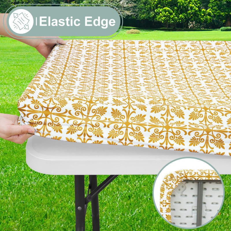 Misaya Rectangle Table Table Table Cloth مرنة الفانيلا المائدة المدعومة المدعومة 100 ٪ غطاء بلاستيكي مقاوم للماء يناسب طاولات قابلة للطي 5 أقدام للتخييم في الهواء الطلق (الذهب 30 "" × 60 "") - Image 2