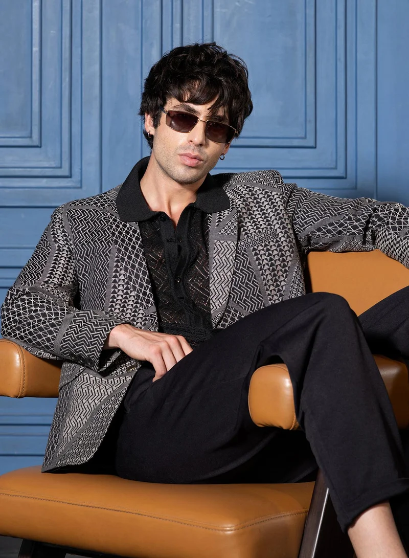 Campus Sutra Men Tailored Geometric-Block Jacquard Blazer | Lapel Collar, Long Split-Button Set-In Sleeves | Button , Straight Hem | Jacquard Woven Fabric For Casual & Evening Wear | Onyx Black
