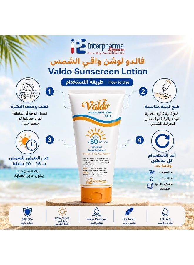 Interpharma Egycare Valdo Sunscreen Lotion SPF 50+ | 70 ml Canadian Formula | Broad Spectrum UVA/UVB & Blue Light Protection | Moisturizing | Antioxidant | Water Resistant | Oil-Free | 70 ml - Image 4