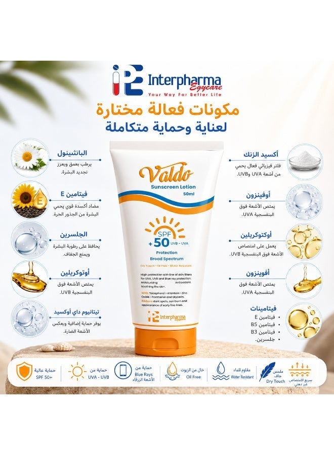 Interpharma Egycare Valdo Sunscreen Lotion SPF 50+ | 70 ml Canadian Formula | Broad Spectrum UVA/UVB & Blue Light Protection | Moisturizing | Antioxidant | Water Resistant | Oil-Free | 70 ml - Image 3