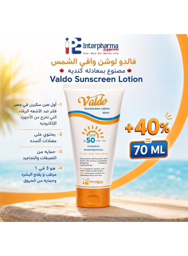 Interpharma Egycare Valdo Sunscreen Lotion SPF 50+ | 70 ml Canadian Formula | Broad Spectrum UVA/UVB & Blue Light Protection | Moisturizing | Antioxidant | Water Resistant | Oil-Free | 70 ml - Image 1